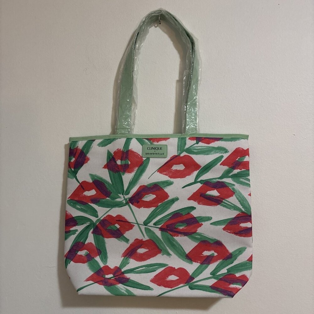 Clinique‎ x Drawbertson Lips Floral Shopping Shoulder Travel Tote Large Bag